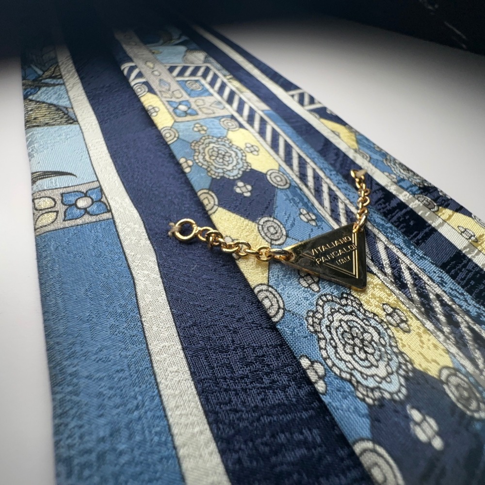 VITALIANO PANCALDI Silk Tie Blue Yellow Hand Made in Italy Geometric‎ Art Luxury